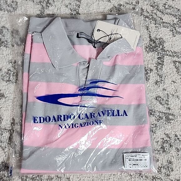 1729 NWT EDOARDO CARAVELLAV-NECK SHORT SLEEVE POLO SHIRT // STRIPED PINK + GRAY - Picture 3 of 6